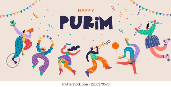 Happy Purim - Jewish holiday, Carnival. Colorful geometric background with abstract people, clowns, musicians, dancers