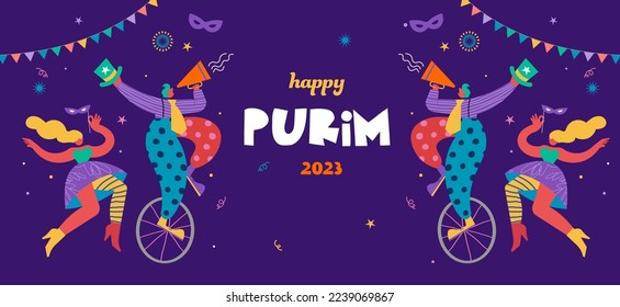 Happy Purim - Jewish holiday, Carnival. Colorful geometric background with abstract people, clowns, musicians, dancers