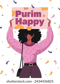 Happy Purim - Jewish holiday, Carnival. A young woman holds a banner in her hands with the inscription Happy Purim. Colorful flying confetti. Holiday celebration concept.