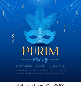 Happy Purim, Jewish holiday celebration party invitation. Masquerade Carnival masks with feathers, sparkles, golden serpentine, and 3d text on blue background Vector illustration. 