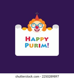 Happy Purim - a Jewish holiday. Clown holding a greeting poster. Vector illustration.