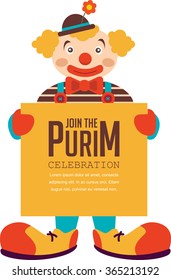 happy Purim, Jewish holiday. clown  holding greeting poster