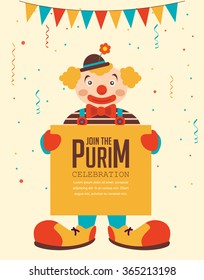 happy Purim, Jewish holiday. clown  holding greeting poster