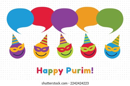 Happy Purim - a Jewish holiday. Colorful emoji icons with communication speech bubbles. Carnival concept design. Vector illustration.