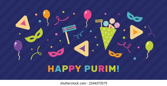 Happy Purim - a Jewish holiday. Colorful background with balloons, masks, and confetti. Vector Illustration.