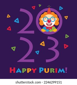 Happy Purim - a Jewish holiday. Colorful background with clown and hamantaschen. Vector illustration.
