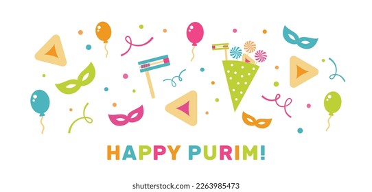 Happy Purim - a Jewish holiday. Colorful background with balloons, masks, and confetti. Vector Illustration.