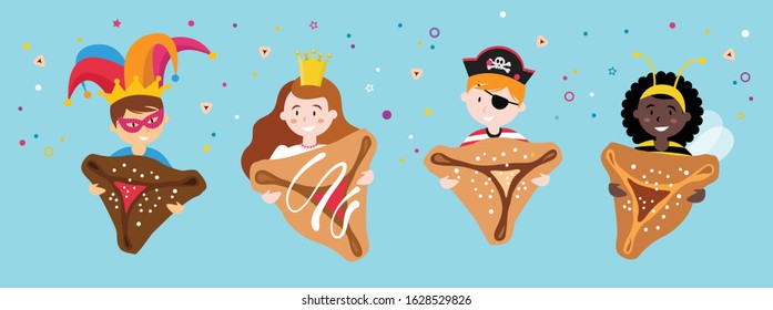 happy Purim, Jewish holiday. Costume banner invitation with group of kids with costumes holding sweet traditional pastry. vector illustration