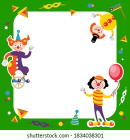 Happy Purim, Jewish holiday.  FRAME OF FUNNY VECTOR CLOWNS

