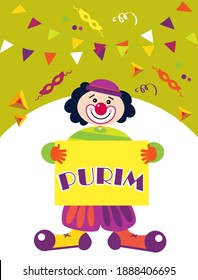 Happy Purim, Jewish holiday. FUNNY VECTOR CLOWNS holding greeting poster
