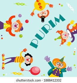 Happy Purim, Jewish holiday. FUNNY VECTOR CLOWNS