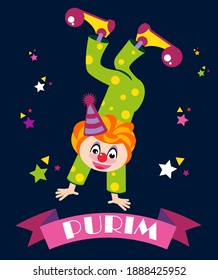 Happy Purim, Jewish holiday. FUNNY VECTOR CLOWN