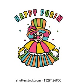 Happy Purim Jewish holiday greeting card with colorful cute clown. Festival decoration banner. Carnival vector Israel, Jerusalem. Hand drawn vector illustration.