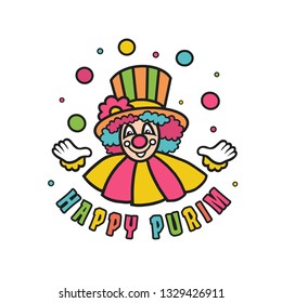 Happy Purim Jewish holiday greeting card with colorful cute clown. Festival decoration banner. Carnival vector Israel, Jerusalem. Hand drawn vector illustration.