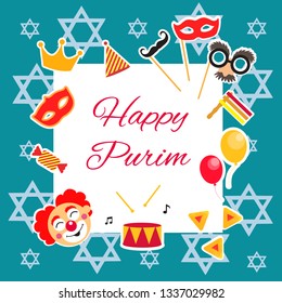 Happy Purim Jewish Holiday greeting card. traditional carnival symbols design elements, icons. Vector illustration