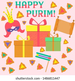 Happy Purim Jewish Holiday greeting card with traditional purim symbols, noisemaker, masque, gragger, hamantaschen cookies, crown, festival decoration, carnival vector. Greeting vector card