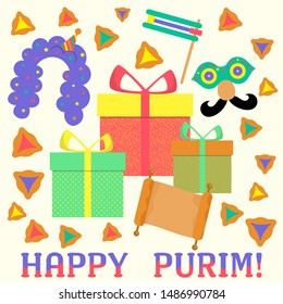 Happy Purim Jewish Holiday greeting card with traditional purim symbols, noisemaker, masque, gragger, hamantaschen cookies, crown, festival decoration, carnival vector. Greeting vector card