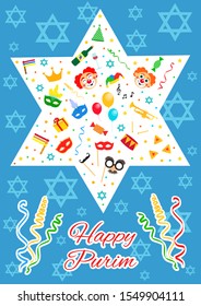 Happy Purim Jewish Holiday greeting card. traditional carnival symbols design elements, icons. Vector illustration