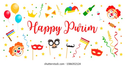 Happy Purim Jewish Holiday greeting card. traditional Purim carnival symbols design elements, icons isolated on white background. Vector illustration