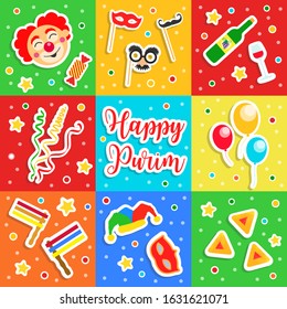 Happy Purim Jewish Holiday greeting card. traditional carnival symbols design elements, icons. Vector illustration