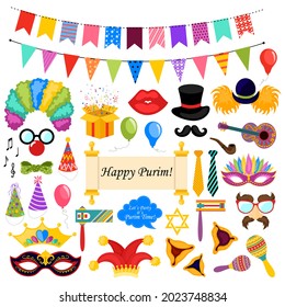 Happy Purim Jewish Holiday greeting card with traditional purim symbols, noisemaker, masque. Purim banner template design, Jewish holiday vector illustration