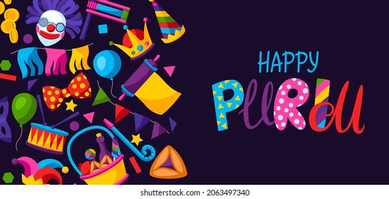 Happy Purim Jewish holiday greeting card. Background with traditional symbols.