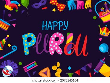 Happy Purim Jewish holiday greeting card. Background with traditional symbols.