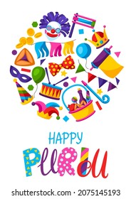 Happy Purim Jewish holiday greeting card. Background with traditional symbols.