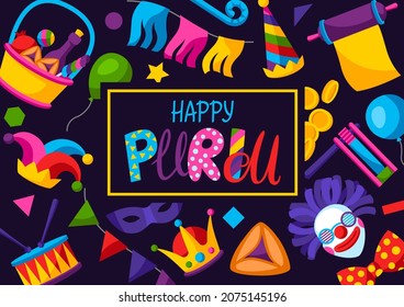 Happy Purim Jewish holiday greeting card. Background with traditional symbols.