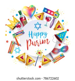 Happy Purim Jewish Holiday greeting card with traditional purim symbols, noisemaker, masque, gragger, hamantaschen cookies, crown, star of david, festival decoration, carnival vector ISRAEL, jerusalem