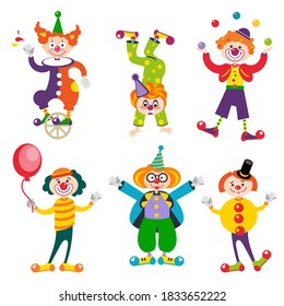 Happy Purim, Jewish holiday. GROUP OF FUNNY VECTOR CLOWNS
