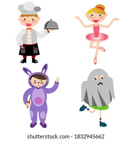 Happy Purim, Jewish holiday. Kids wearing different carnival costumes
