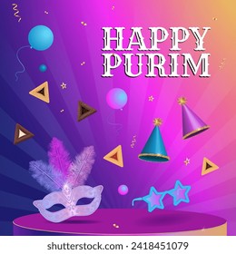 Happy Purim, Jewish holiday  Masquerade Carnival masks with feathers, sparkles, golden serpentine, 3d objects on purple background Vector illustration. 