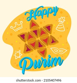 Happy Purim.  Jewish Holiday Poster With Star Of David, Traditional Hamantaschen Cookies.