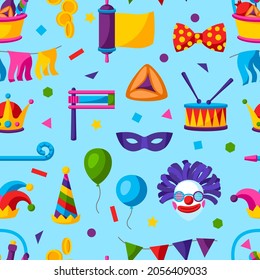 Happy Purim Jewish holiday seamless pattern. Background with traditional symbols.