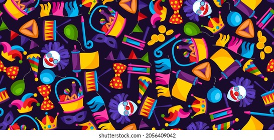 Happy Purim Jewish holiday seamless pattern. Background with traditional symbols.