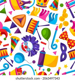 Happy Purim Jewish holiday seamless pattern. Background with traditional symbols.