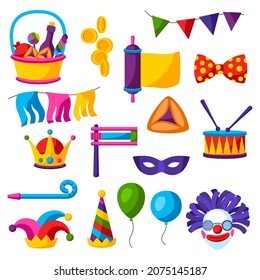 Happy Purim Jewish holiday set of objects. Traditional carnival symbols.