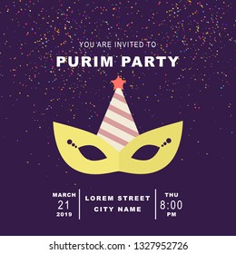 Happy Purim, jewish party invitation concept. Masquerade background with mask, flying multicolored confetti, flat graphic design elements coloured with trendy colors of the year and text. 