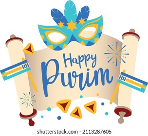 Happy Purim Lettering with holiday jewish symbols and masquerade mask. Isolated vector illustration for Purim Sameach