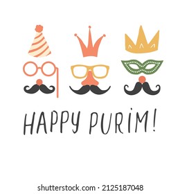 Happy Purim lettering, Jewish holiday and traditional elemets. vector illustration.