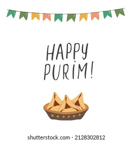 Happy Purim lettering, Jewish holiday and traditional elemets. vector illustration.
