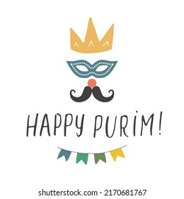 Happy Purim lettering, Jewish holiday and traditional elemets. vector illustration.