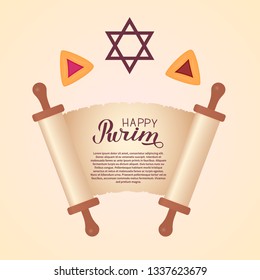 Happy Purim lettering written on old scroll paper and hamantaschen cookies. Traditional Jewish carnival celebration poster. Vector template for party invitation, greeting card, banner, flyer.