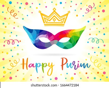 Happy purim mask and colored confetti, design template. Happy Purim text, gold crown and colorful carnival mask. Jewish holiday vector illustration