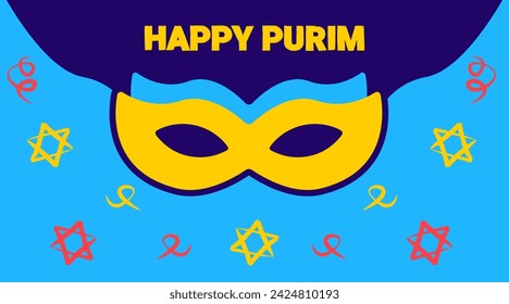 Máscara de Purim feliz. Plantilla vectorial para diseño de tarjetas postales, banners, productos de impresión