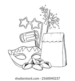 Happy Purim Mishloah manot, food basket and symbols black and white vector illustration with hamantaschen cookies, raashan, masks and sparklers. Hand drawn line in composition for kids coloring book