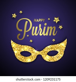 Happy Purim party template or greeting card design with golden glittering mask on blue background.