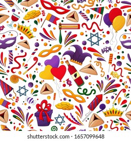 Fröhliches Purim-Muster.  Purim Hintergrund, traditionelle jüdische Feriendesign-Elemente, Symbole. Hamantaschen-Kekse, Karnevalmaske, David-Stern, ratchet, Geschenke, Wein, Konfetti. Purim Partyprint.