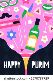 Happy Purim poster design. Jewish carnival, greeting card. Festive party, festival background. Carnaval props, holiday masks, funny glasses, mustache on vertical postcard. Flat vector illustration